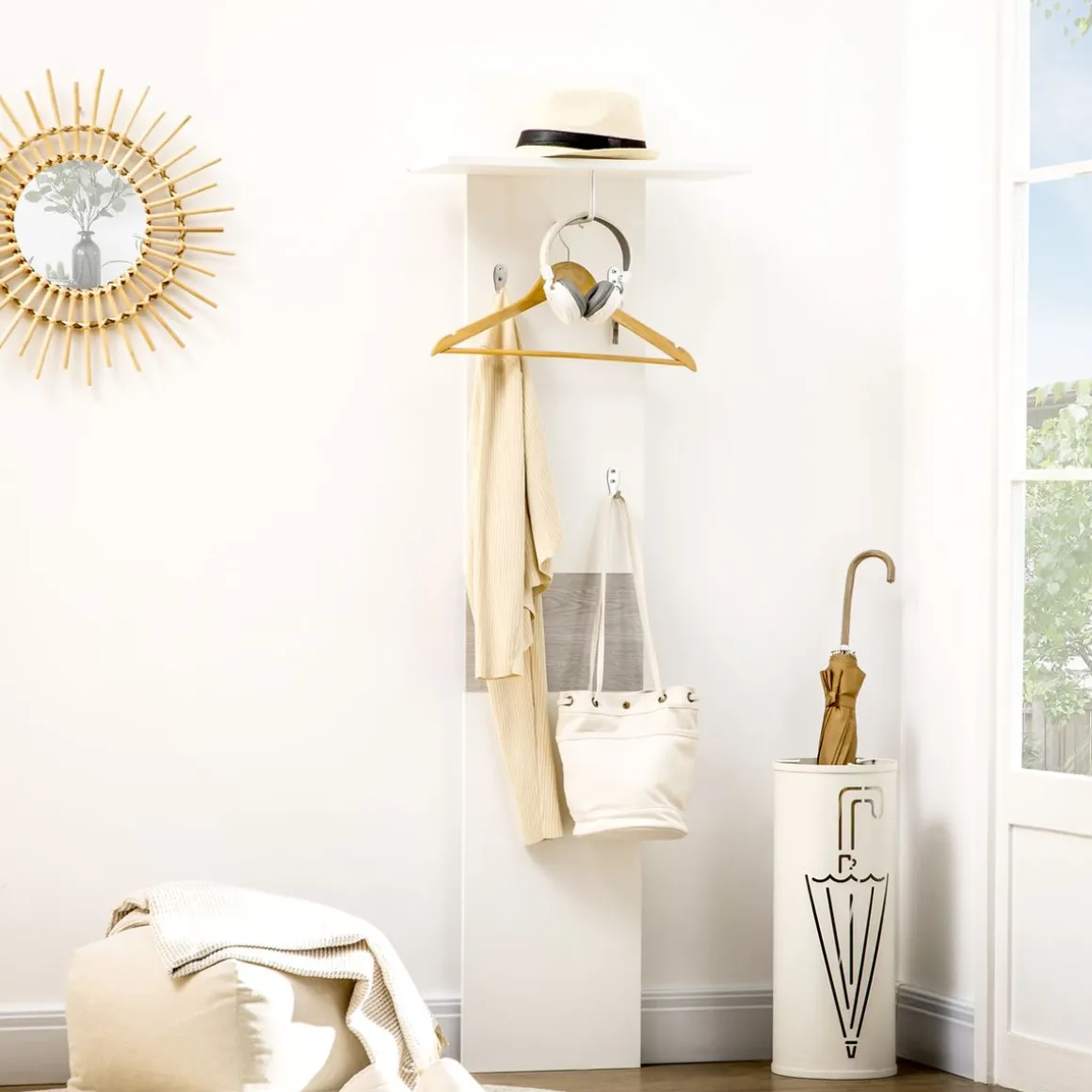 Perchero de pared Oddi Homcom 4 ganchos + estante con barra blanco 60x50x23,5 cm