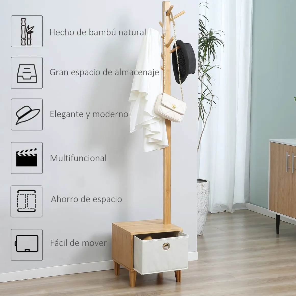Perchero de pie Alpina Homcom con cajón + 8 ganchos natural 177x35x35 cm