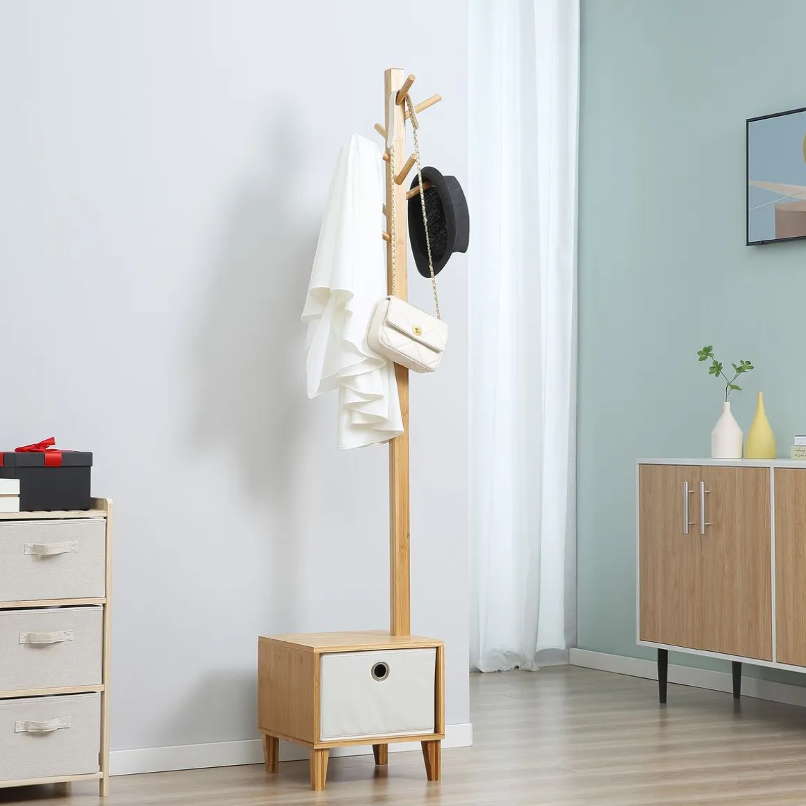Perchero de pie Alpina Homcom con cajón + 8 ganchos natural 177x35x35 cm