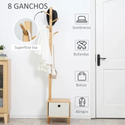 Perchero de pie Alpina Homcom con cajón + 8 ganchos natural 177x35x35 cm