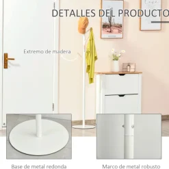 Perchero de pie Homcom 6 ganchos blanco/natural Ø35x174 cm