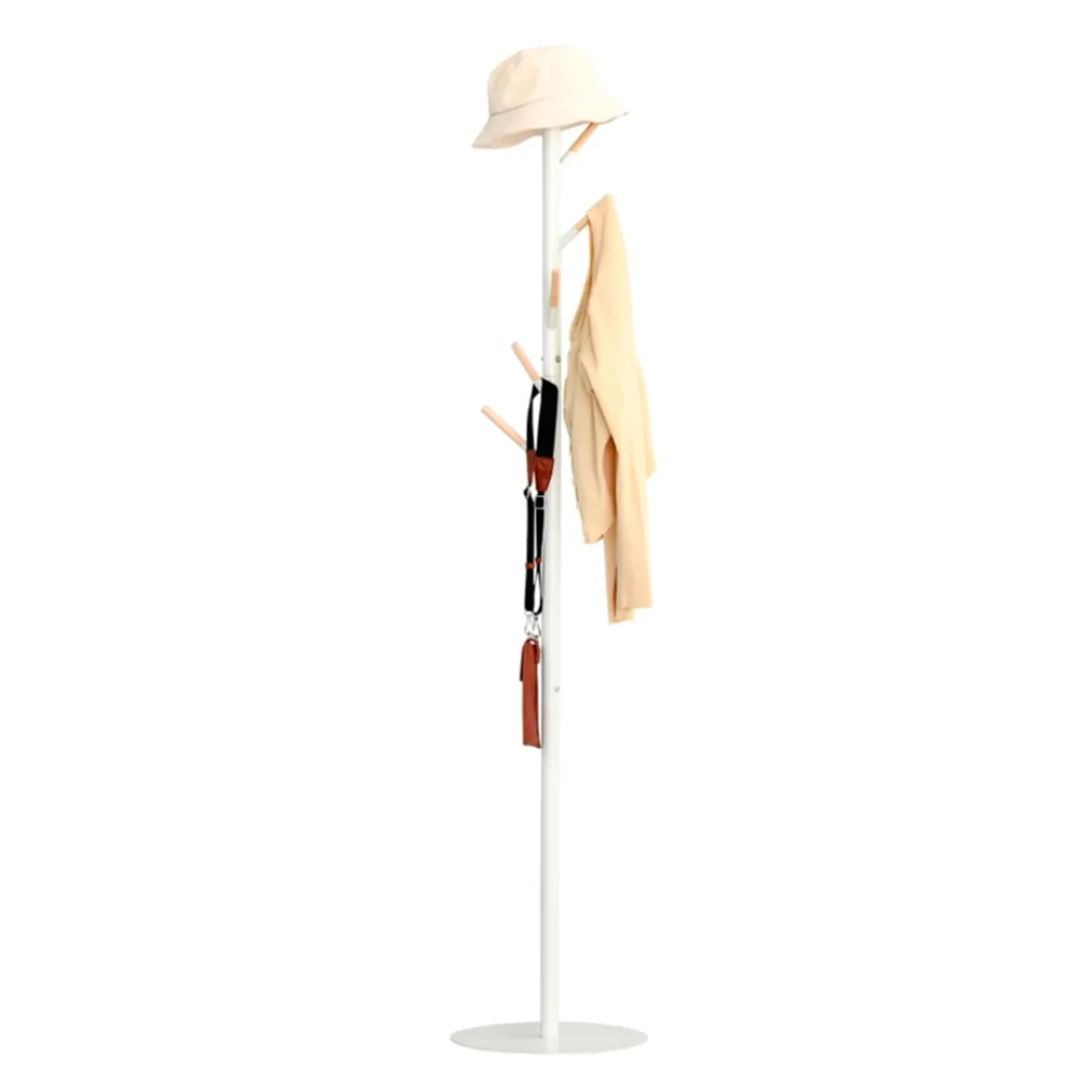 Perchero de pie Homcom 6 ganchos blanco/natural Ø35x174 cm