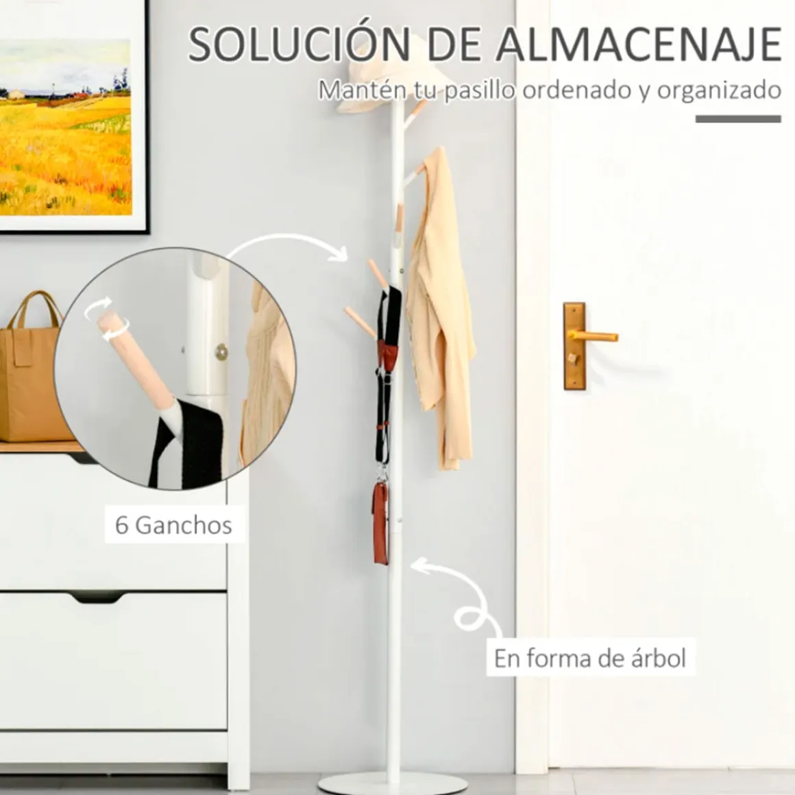 Perchero de pie Homcom 6 ganchos blanco/natural Ø35x174 cm