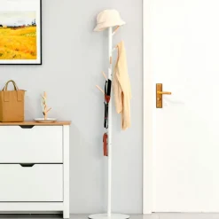 Perchero de pie Homcom 6 ganchos blanco/natural Ø35x174 cm
