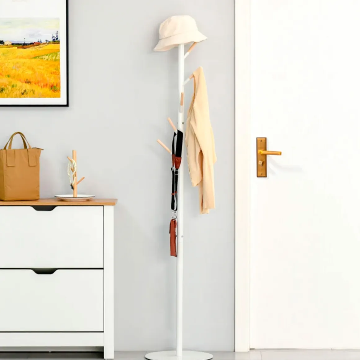 Perchero de pie Homcom 6 ganchos blanco/natural Ø35x174 cm