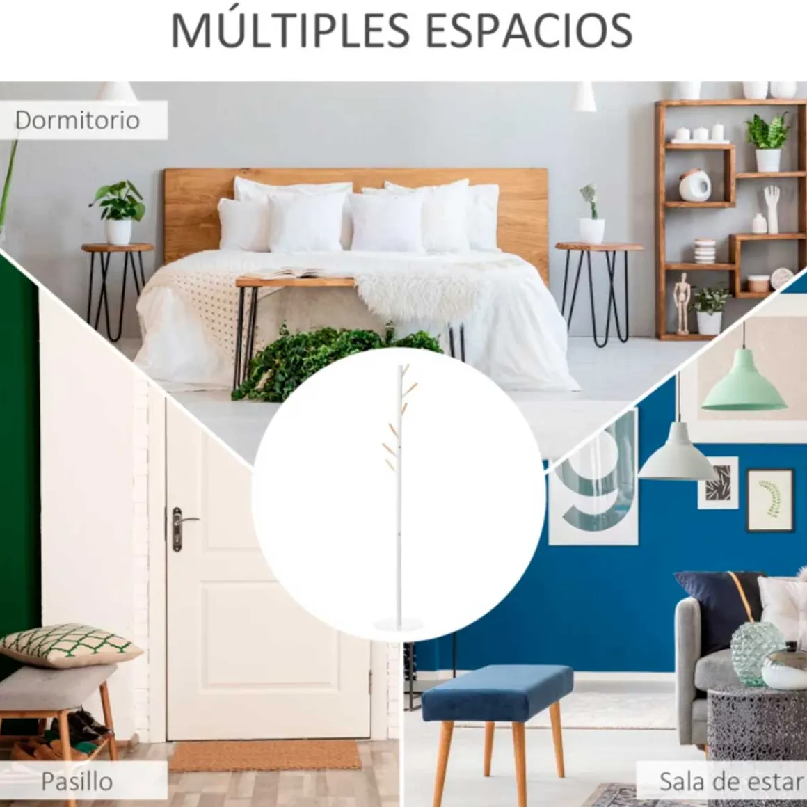 Perchero de pie Homcom 6 ganchos blanco/natural Ø35x174 cm