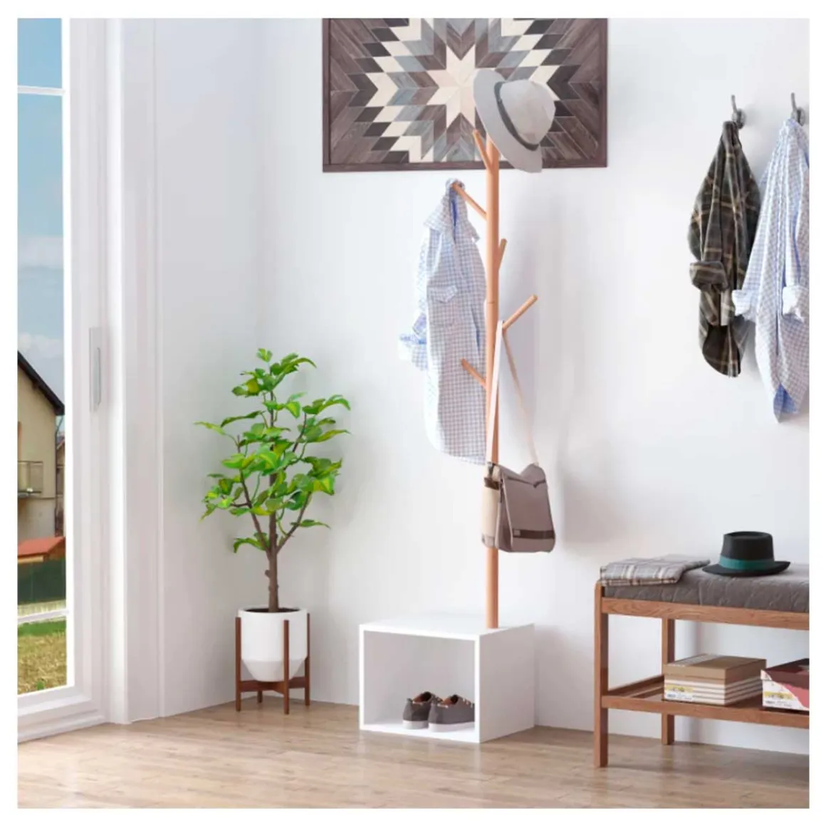 Perchero de pie Homcom con zapatero 6 ganchos blanco/natural 180x40x30 cm
