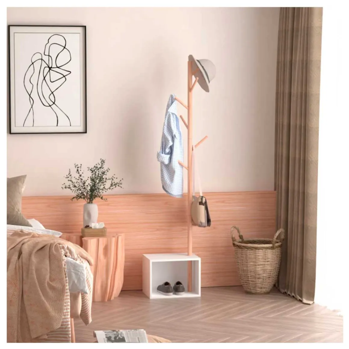 Perchero de pie Homcom con zapatero 6 ganchos blanco/natural 180x40x30 cm