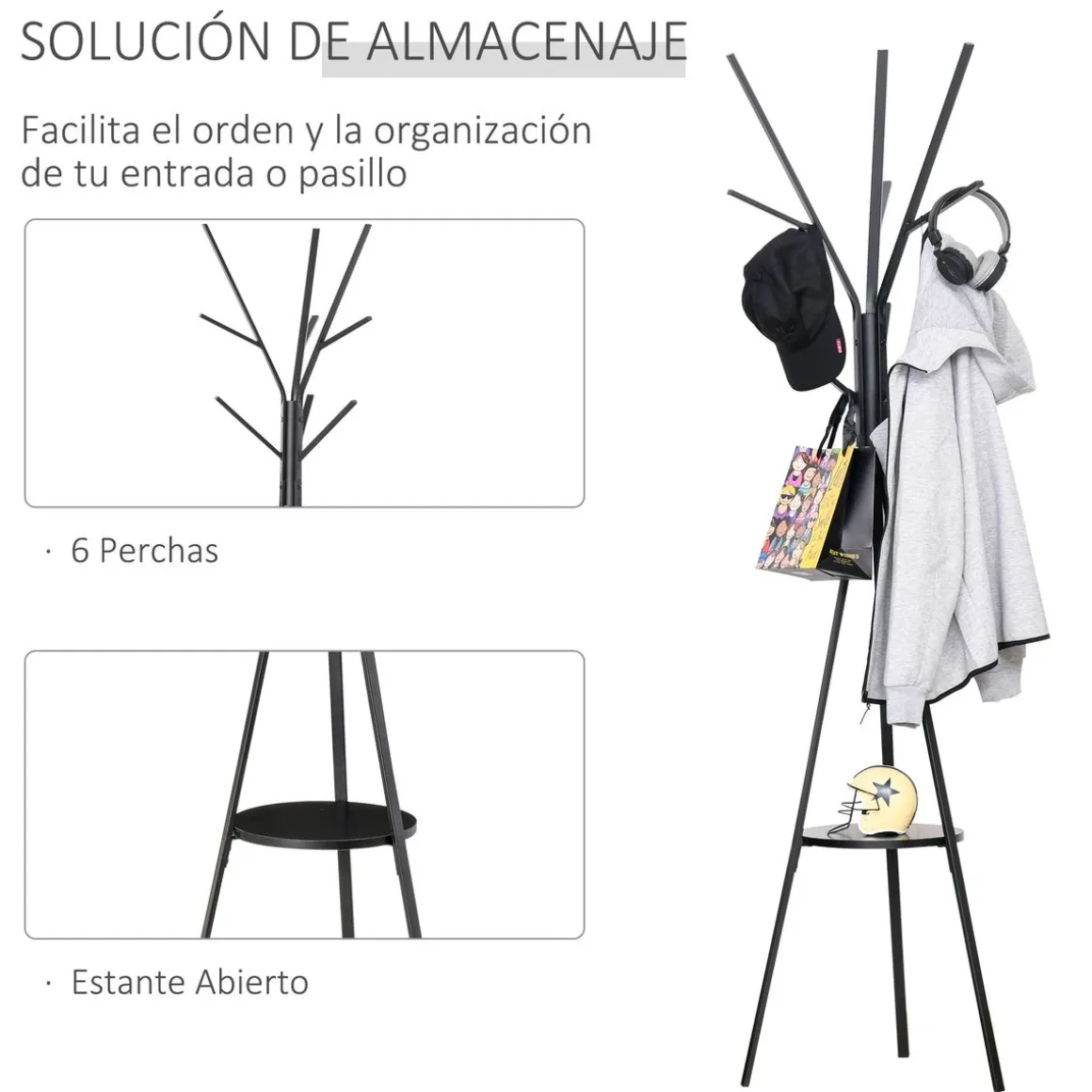 Perchero de pie Petter estante + 9 ganchos negro 180x45x45 cm