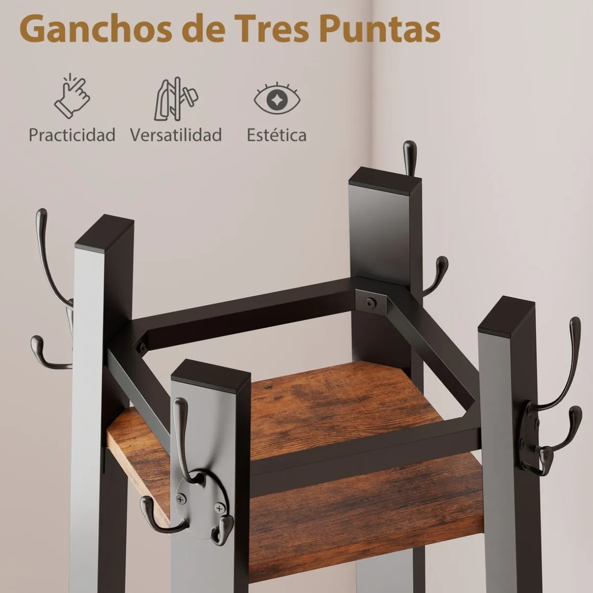 Perchero de pie Rei Homcom 4 estantes con 8 ganchos marrón oscuro 179x34,8 cm