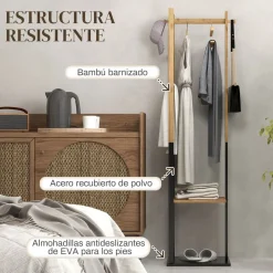 Perchero de pie Rima Homcom 2 estantes con 5 barras y ganchos natural/negro 153,5x46x28,5 cm