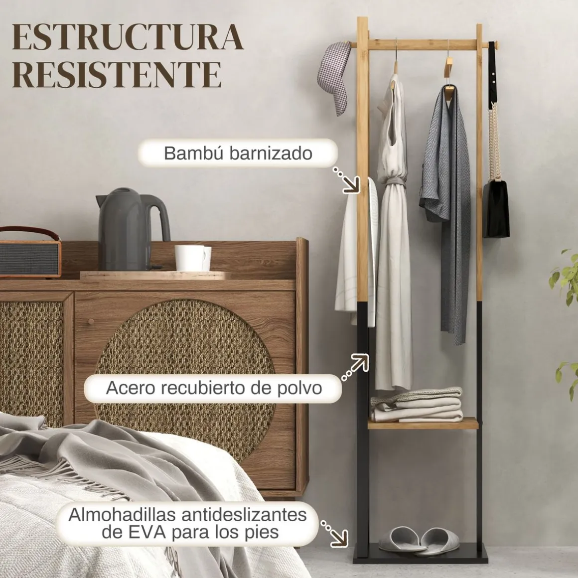 Perchero de pie Rima Homcom 2 estantes con 5 barras y ganchos natural/negro 153,5x46x28,5 cm