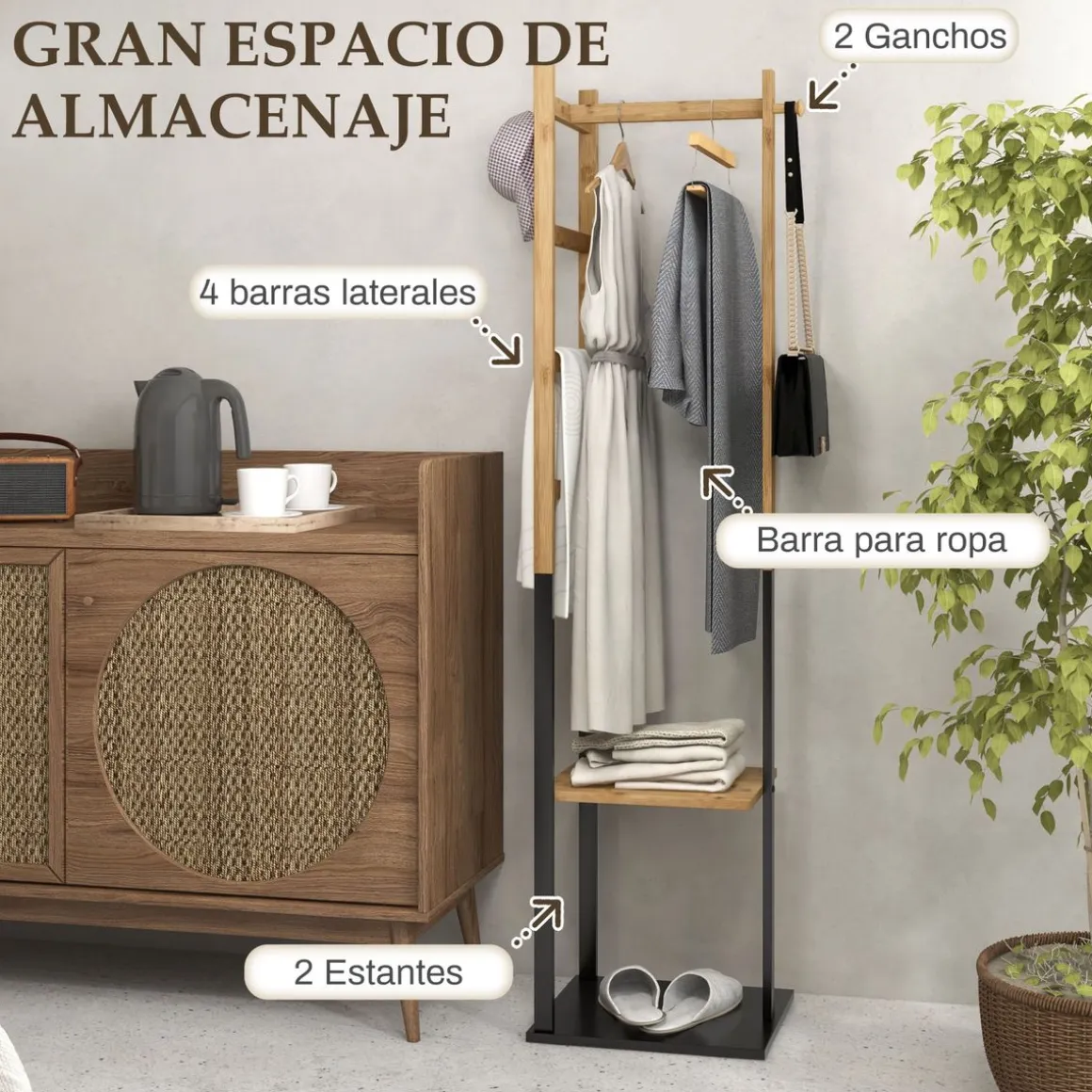 Perchero de pie Rima Homcom 2 estantes con 5 barras y ganchos natural/negro 153,5x46x28,5 cm