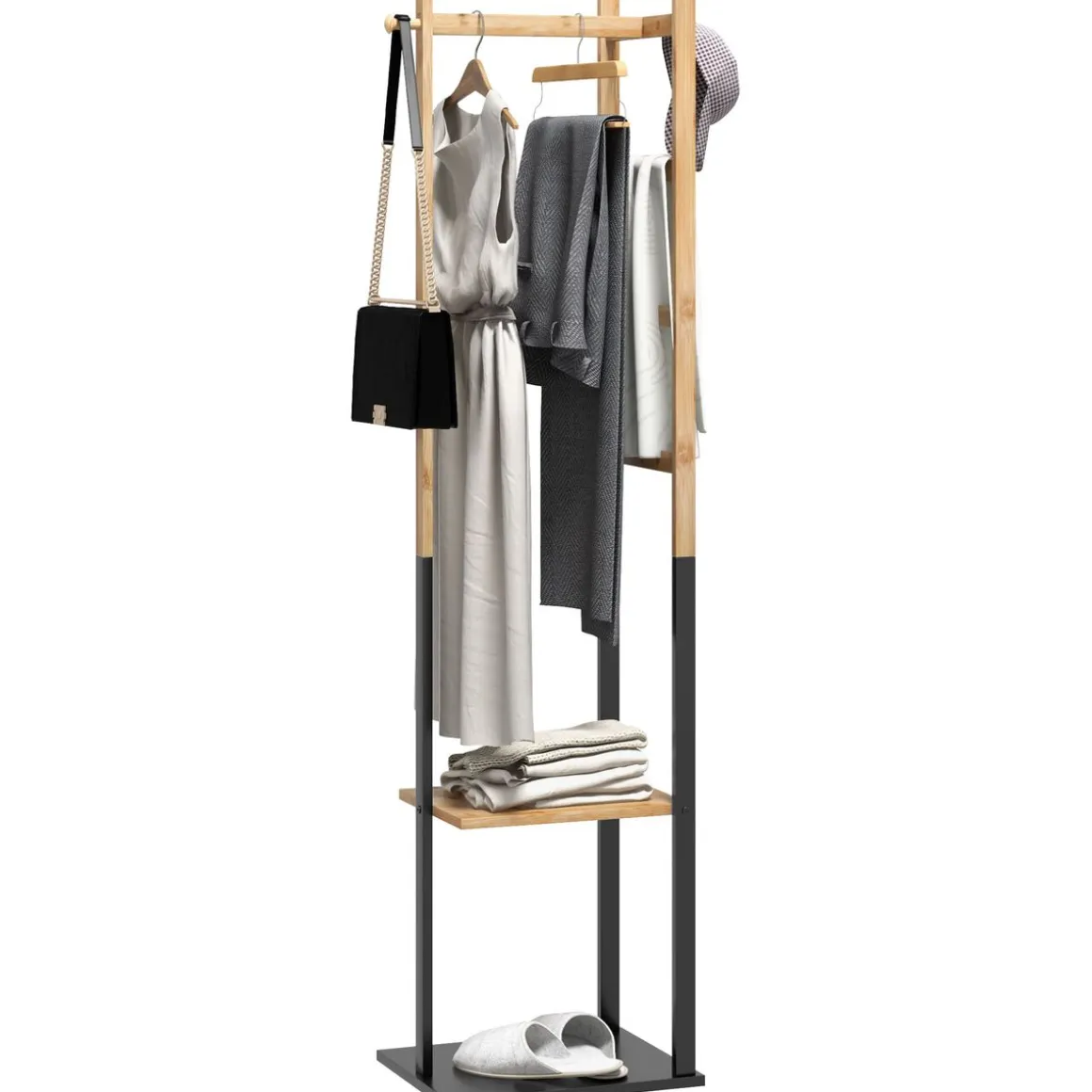 Perchero de pie Rima Homcom 2 estantes con 5 barras y ganchos natural/negro 153,5x46x28,5 cm