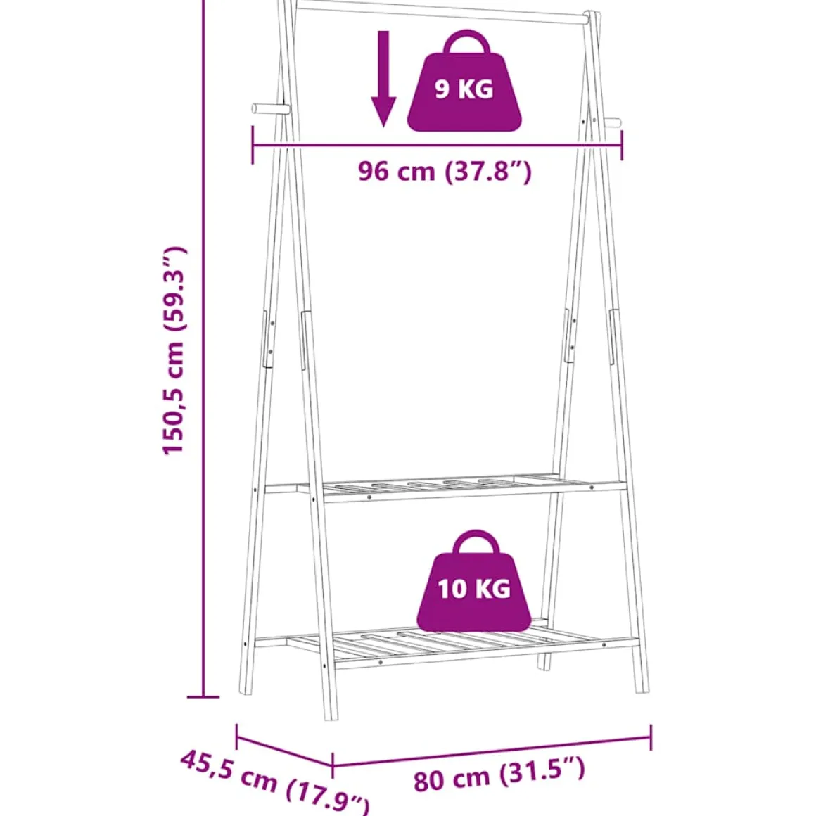 Perchero Glaciar plegable 2 estantes natural 150,5x96x45,5 cm