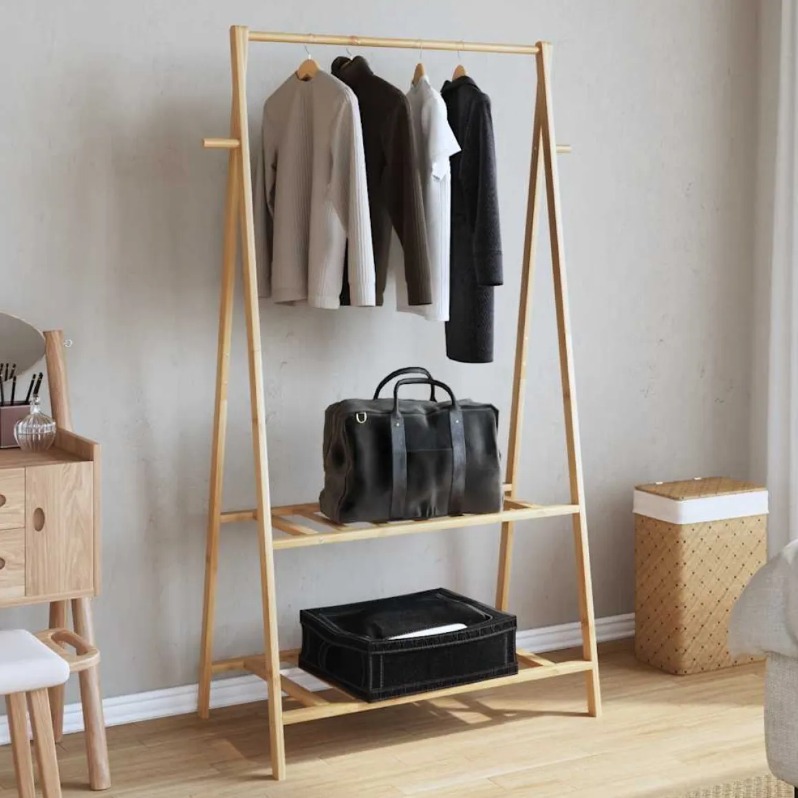 Perchero Glaciar plegable 2 estantes natural 150,5x96x45,5 cm