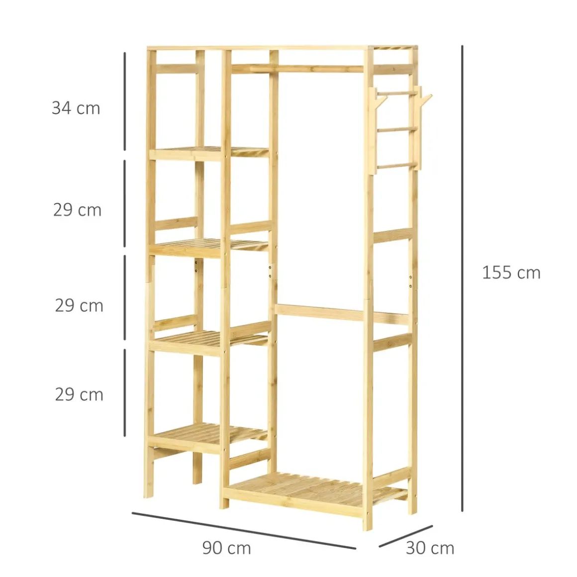 Perchero Homcom Natur 4 estantes + barra para colgar + colgador natural 155x90x30 cm
