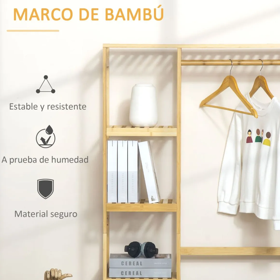 Perchero Homcom Natur 4 estantes + barra para colgar + colgador natural 155x90x30 cm
