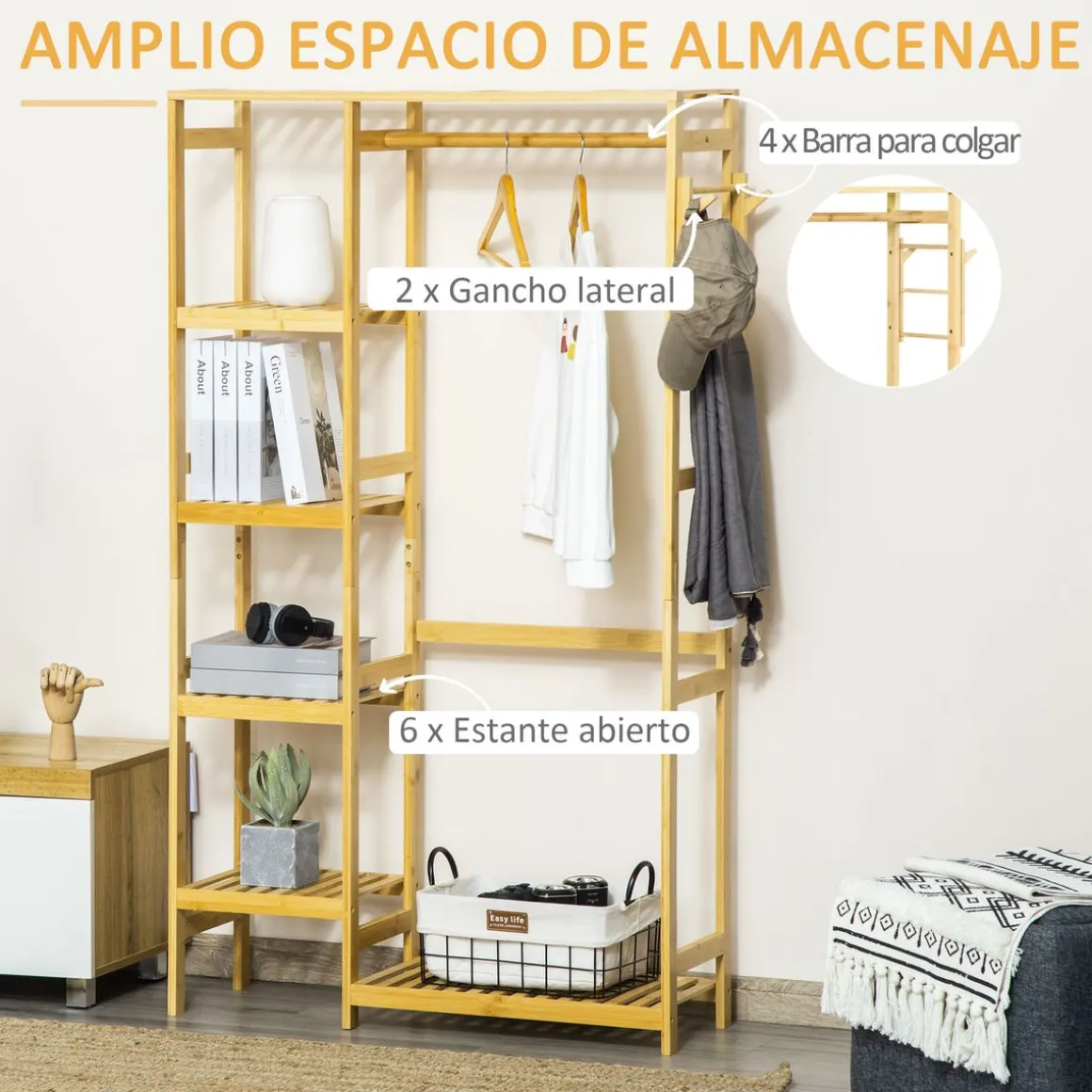 Perchero Homcom Natur 4 estantes + barra para colgar + colgador natural 155x90x30 cm