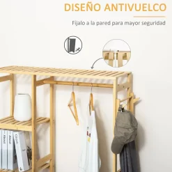Perchero Homcom Natur 4 estantes + barra para colgar + colgador natural 155x90x30 cm
