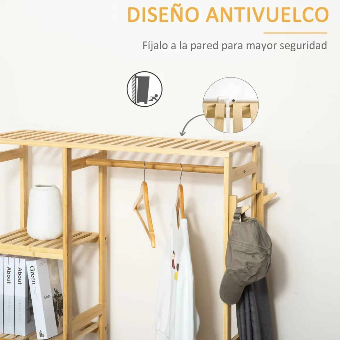 Perchero Homcom Natur 4 estantes + barra para colgar + colgador natural 155x90x30 cm