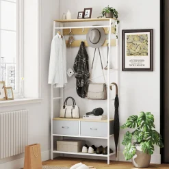 Perchero Kenzo Homcom 8 ganchos con 2 cajones blanco/natural 180,5x80x30 cm