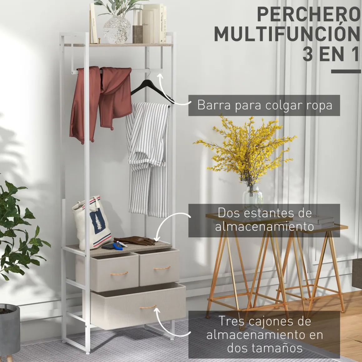 Perchero Less Homcom 3 cajones de tela + estante + barra natural 178x58,5x30 cm