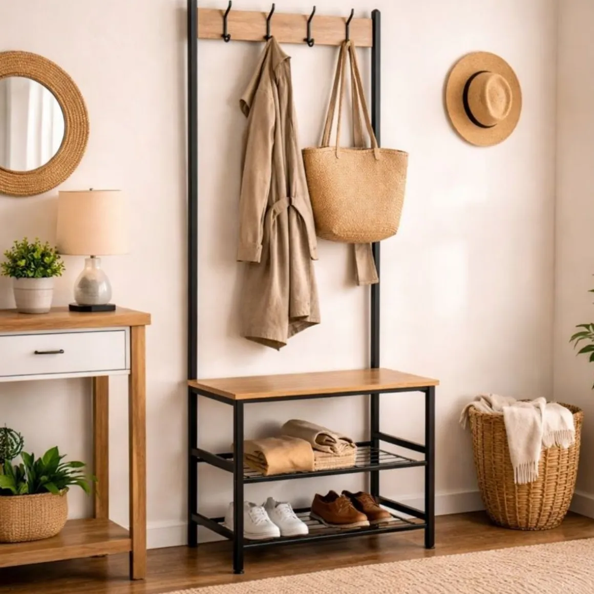 Perchero Nébula 4 ganchos con dos estantes y asiento negro/natural 176x59x40 cm