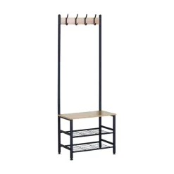 Perchero Nébula 4 ganchos con dos estantes y asiento negro/natural 176x59x40 cm