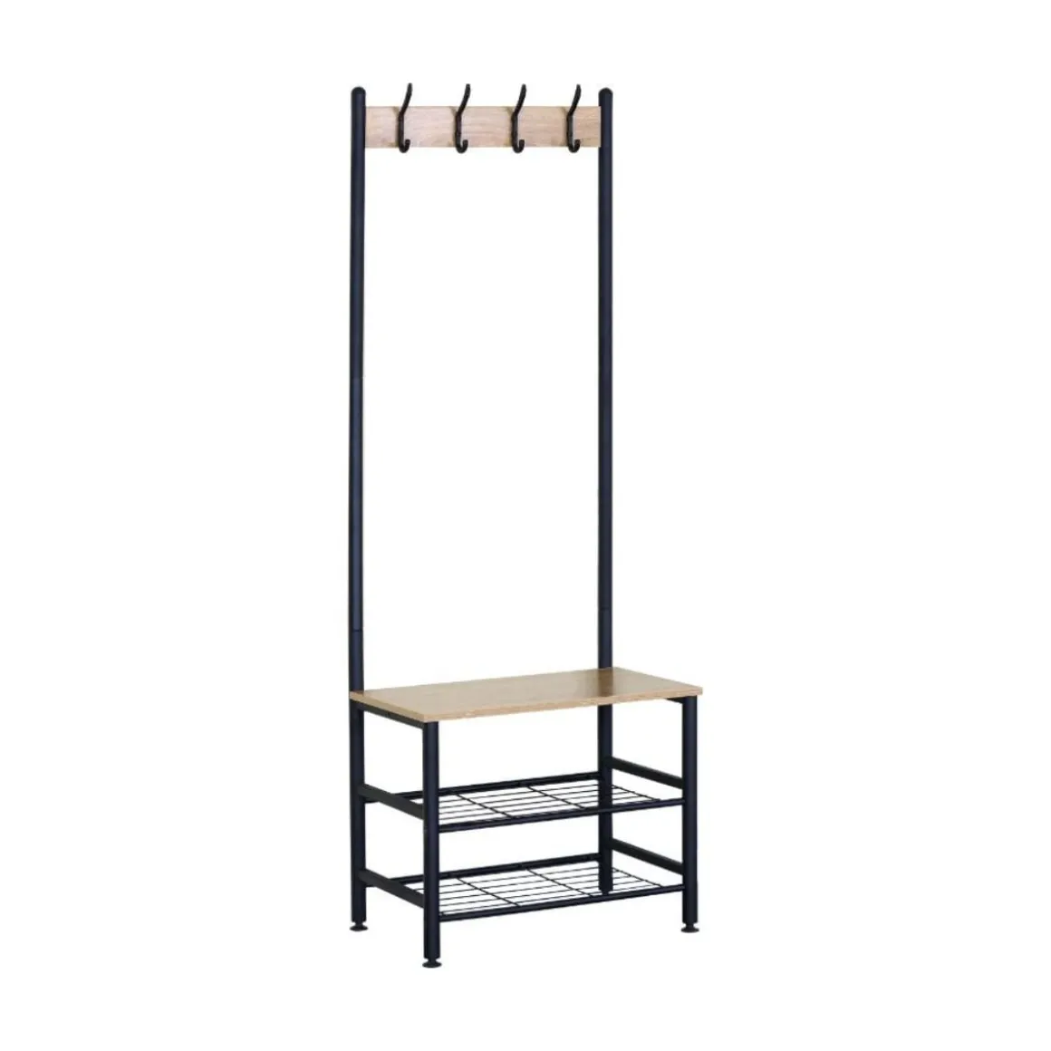 Perchero Nébula 4 ganchos con dos estantes y asiento negro/natural 176x59x40 cm