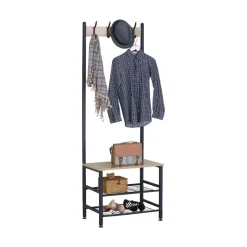 Perchero Nébula 4 ganchos con dos estantes y asiento negro/natural 176x59x40 cm