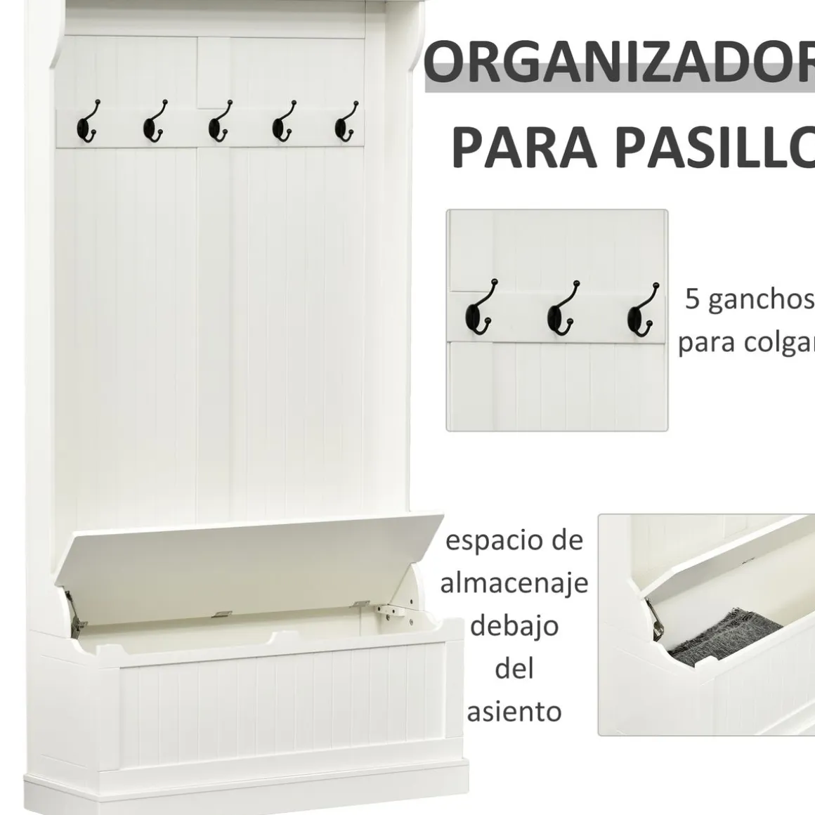 Perchero recibidor Tooly Homcom 5 ganchos + banco blanco 179,7x96x34 cm
