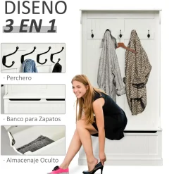 Perchero recibidor Tooly Homcom 5 ganchos + banco blanco 179,7x96x34 cm
