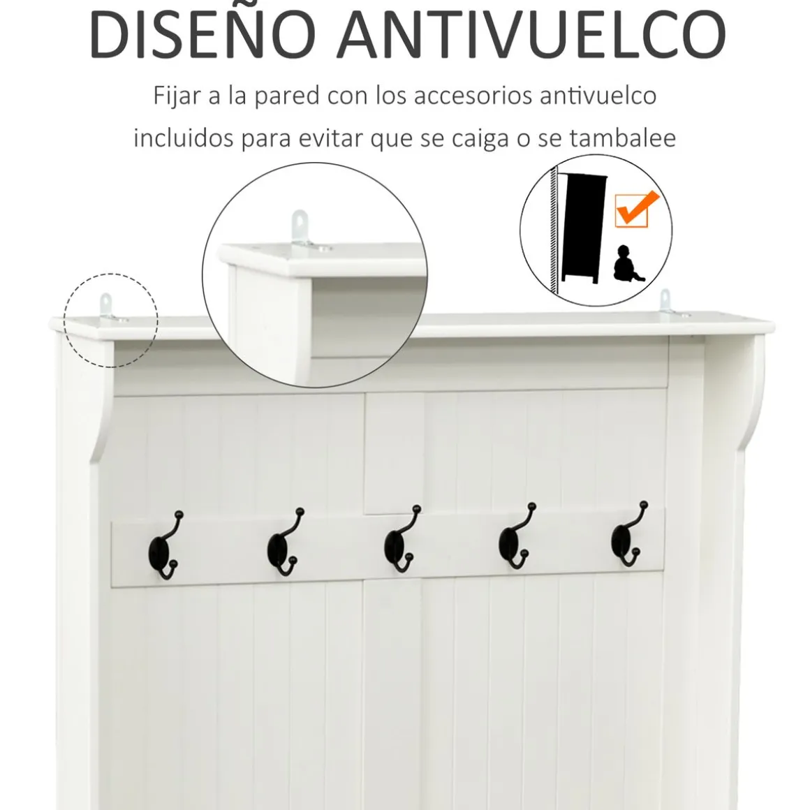 Perchero recibidor Tooly Homcom 5 ganchos + banco blanco 179,7x96x34 cm