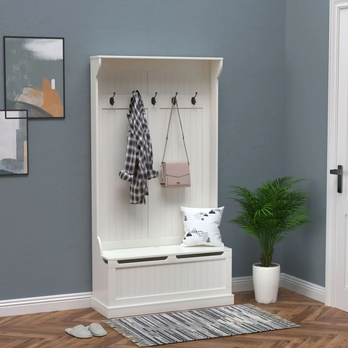 Perchero recibidor Tooly Homcom 5 ganchos + banco blanco 179,7x96x34 cm