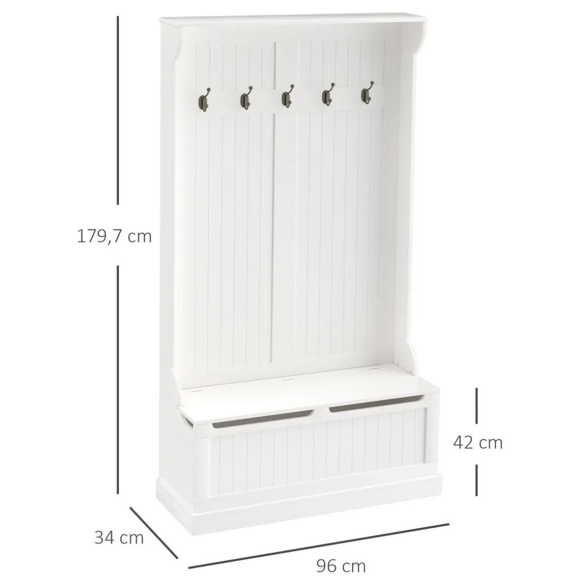 Perchero recibidor Tooly Homcom 5 ganchos + banco blanco 179,7x96x34 cm