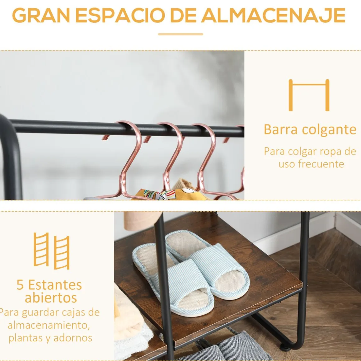 Perchero Toliara Homcom 5 estantes + barra 160x102x39 cm