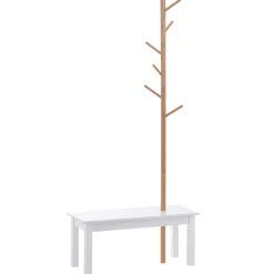 Perchero Tree Homcom 6 ganchos + banco blanco/natural 180x80x30 cm