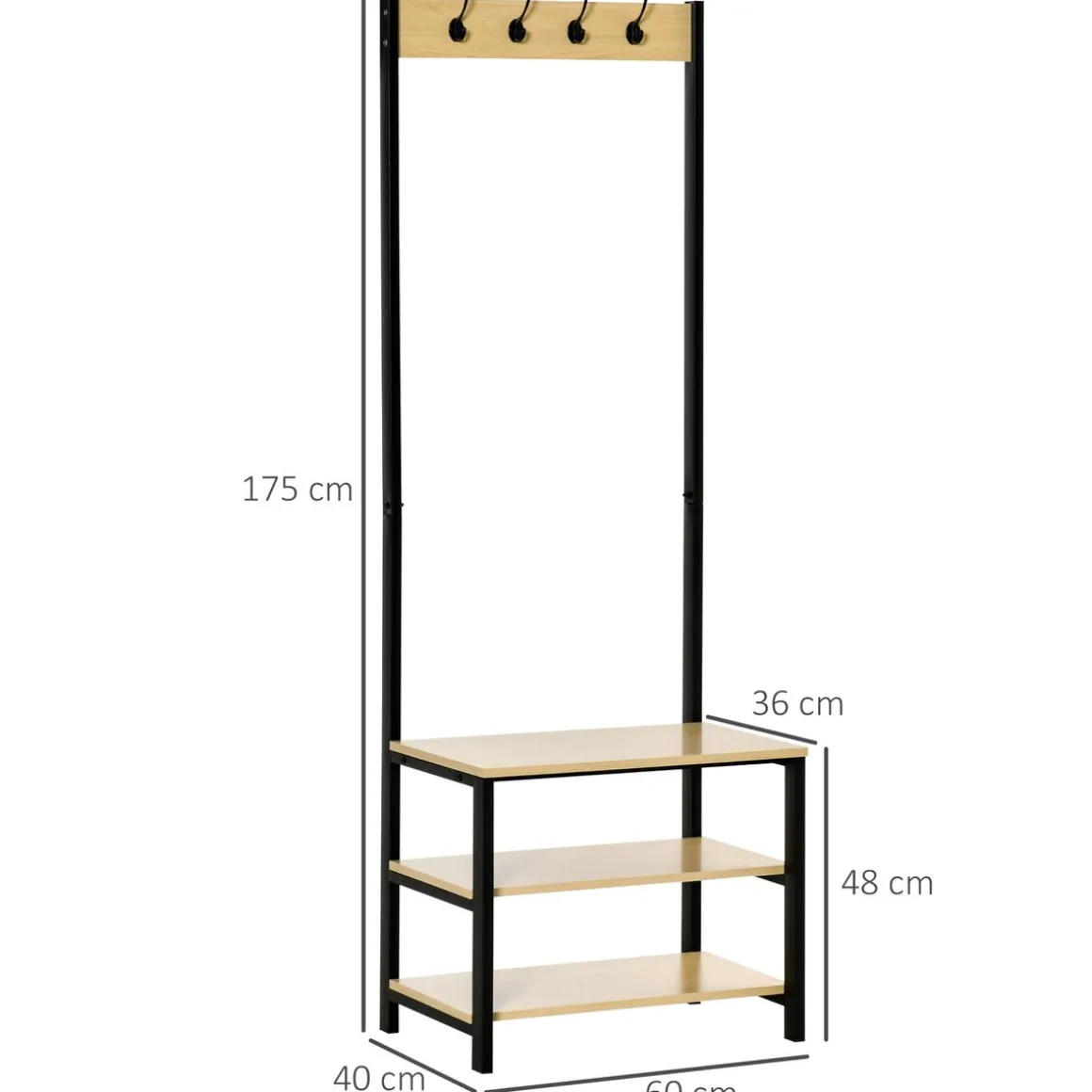 Perchero zapatero Filo Homcom 3 niveles + 4 ganchos negro/natural 175x60x40 cm