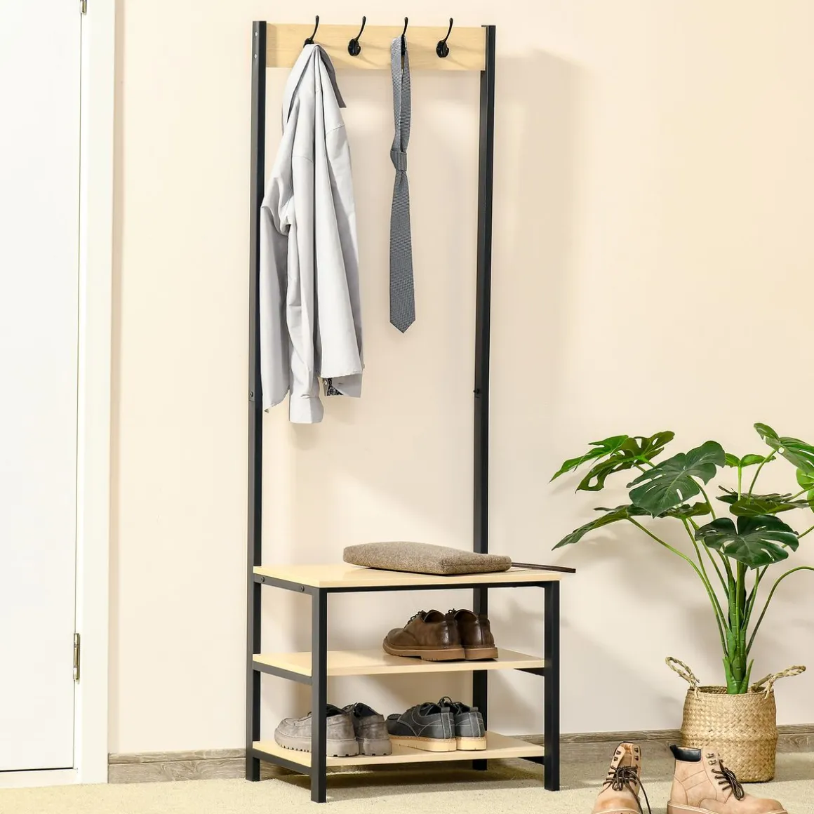 Perchero zapatero Filo Homcom 3 niveles + 4 ganchos negro/natural 175x60x40 cm