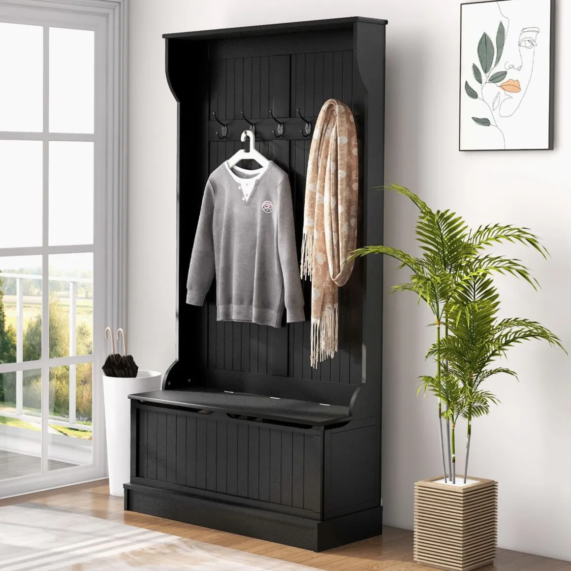 Perchero zapatero Ritual Homcom con banco y 5 ganchos negro 179,7x96x34 cm