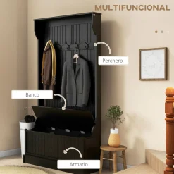 Perchero zapatero Ritual Homcom con banco y 5 ganchos negro 179,7x96x34 cm