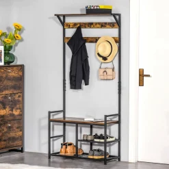 Perchero zapatero Tumar Homcom 3 estantes + 9 ganchos marrón/negro 180x84x34,5 cm