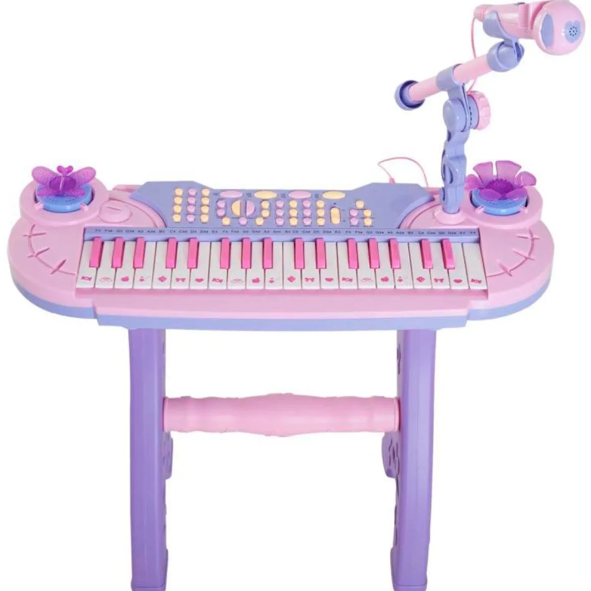 Piano con asiento Homcom con luz y sonido+micrófono +3A rosa/lila