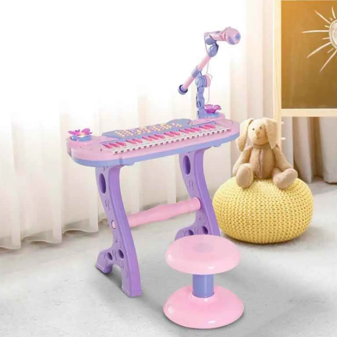 Piano con asiento Homcom con luz y sonido+micrófono +3A rosa/lila