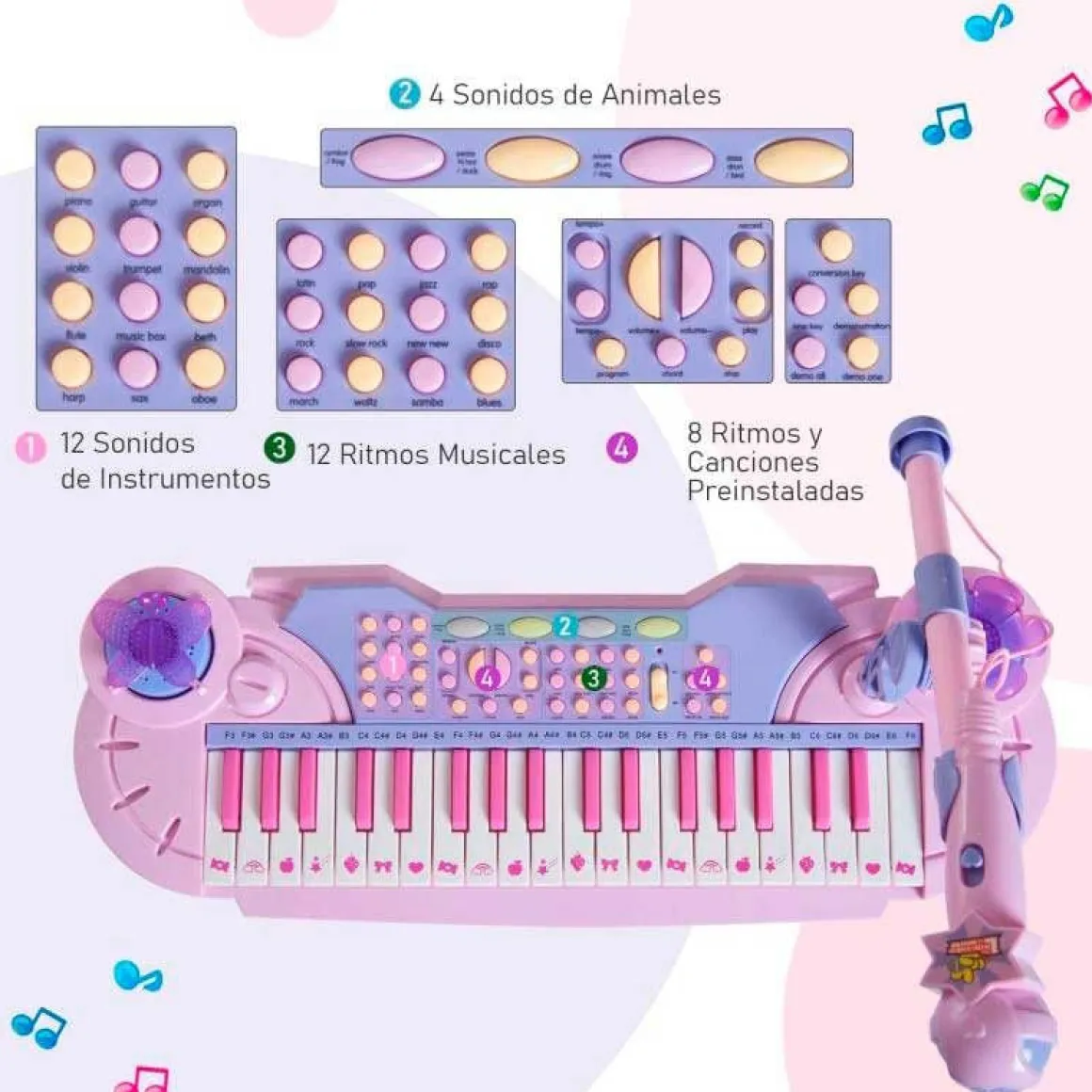 Piano con asiento Homcom con luz y sonido+micrófono +3A rosa/lila