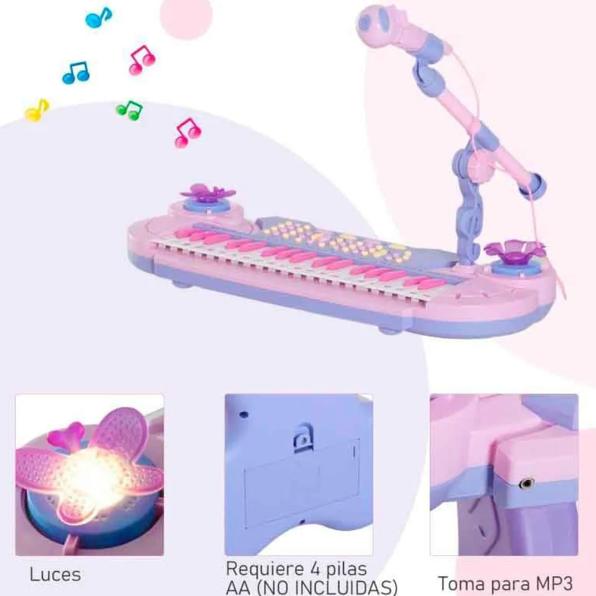 Piano con asiento Homcom con luz y sonido+micrófono +3A rosa/lila