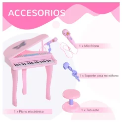 Piano infantil Homcom teclado + micrófono + taburete USB/MP3 rosa 69x48x39 cm