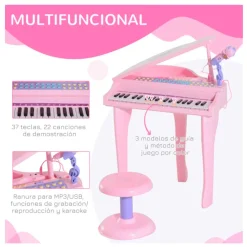 Piano infantil Homcom teclado + micrófono + taburete USB/MP3 rosa 69x48x39 cm