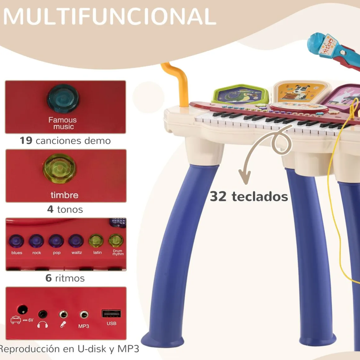 Piano infantil Mermaid Aiyaplay con micrófono + 19 canciones multicolor 71x74x32,2 cm